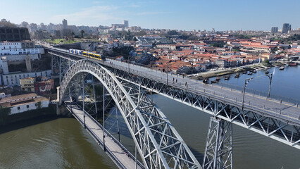 Luis I Bridge At Porto In Porto District Portugal. Downtown Cityscape. Railway Bridge. Railroad Scenery. Luis I Bridge At Porto In Portugal. Tourism Landmark.