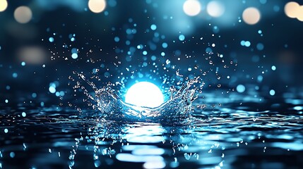 Abstract Water Splash at Night with Blue Bokeh Lights