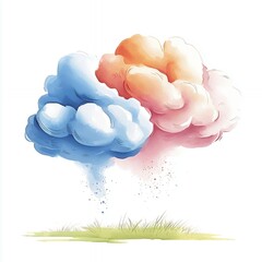 Abstract Watercolor Cloudscape Blue and Pink Clouds Over Green Grass