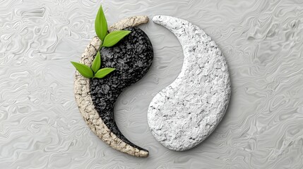 Abstract Yin Yang Symbol with Green Leaves on Gray Background