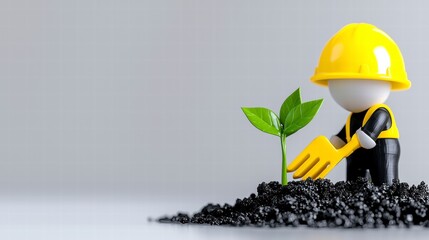 3D Rendered Small Worker Cultivating a Green Plant