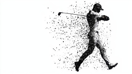 Abstract Black And White Pixelated Golfer Walking On White Background