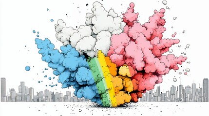 Abstract Colorful Paint Explosion Over City Skyline