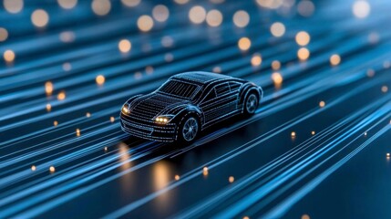 Abstract Dark Car on Glowing Data Road at Night