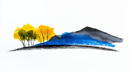 Abstract Landscape Painting with Yellow and Green Trees and Blue Mountain
