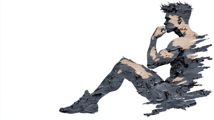 Abstract Pensive Muscular Man in Gray and Beige Tones