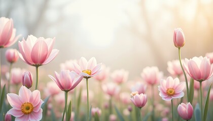 Fototapeta premium Pink Flowers Blooming in a Sunny Meadow