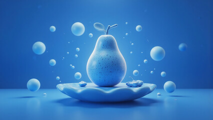 Blue Pear with Floating Bubbles