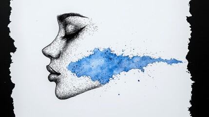 Abstract Pointillist Portrait with Blue Watercolor Splash