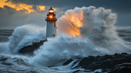 Dramatic Lighthouse at Sunset with Waves Crashing Against Rocks in Stormy Seascape