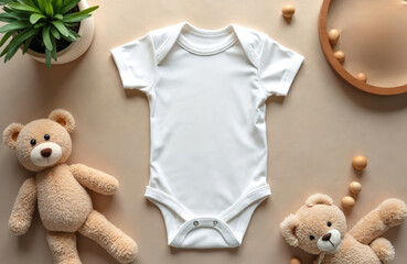 Blank baby bodysuit on beige background with toys. Top view. Mockup for baby clothing design. White baby romper isolated with copy space. Newborn fashion, baby shower, birth announcement.