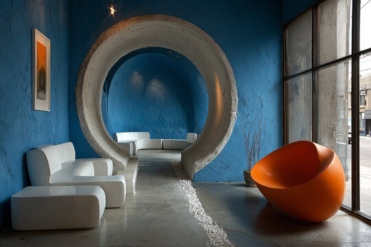 Blue Modern Interior with Artistic Orange Architectural Accent