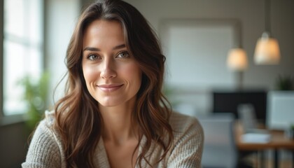 Smiling woman looks directly camera, exudes confidence. Business pro, positive expression. Indoor office setting with neutral background. Portrait emphasizes trustworthy personality. Optimism,