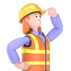 3D illustration of Female engineer Pam shows finger up holds blank clipboard.Transparent Background Mockup.Supports PNG files with transparent backgrounds.