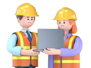 3D illustration of cartoon engineers with reading drawing.Transparent Background Mockup.Supports PNG files with transparent backgrounds.