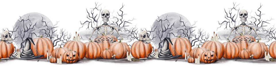 Seamless border with pumpkins and skeletons. Jack's head. Halloween border. Old black hat. Scary branches with cobwebs and full moon. Candles are burning. Watercolor illustration. Hand drawing.
