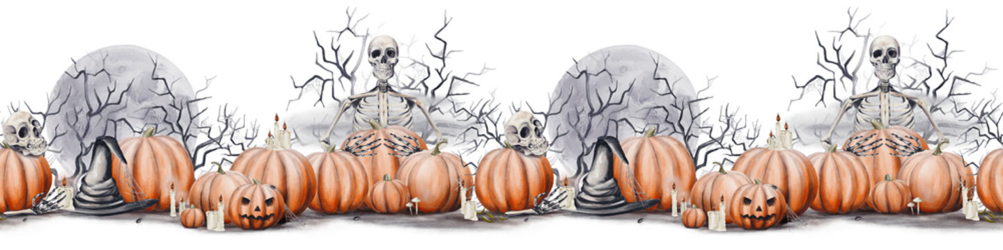  Seamless border with pumpkins and skeletons. Jack's head. Halloween border. Old black hat. Scary branches with cobwebs and full moon. Candles are burning. Watercolor illustration. Hand drawing.