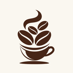 Obraz premium A vector icon of a coffee cup with coffee beans and steam, a hot beverage. Coffee cup with beans and steam icon illustration.