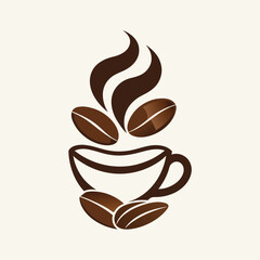 A stylized vector icon of a coffee cup with coffee beans and steam, a hot beverage. Coffee cup with beans and steam icon illustration