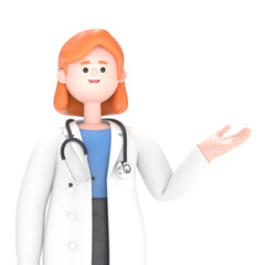 Fototapeta premium 3D illustration of Female Doctor Nova with big phone.Portraits of cartoon characters standing man pointing finger at screen, Medical presentation clip art isolated on blue background