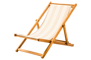 Foldable wooden beach chair with striped fabric isolated with transparent background