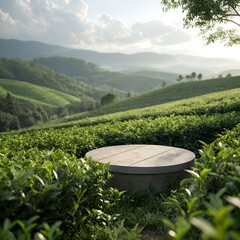 Stone Platform in a Lush Green Tea Plantation with Mountain Views