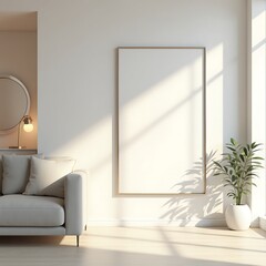 Modern Living Room Frame Mockup – ISO A Paper Size Poster on Wall, Interior Scene with Home Background, 3D Render for Art & Print Display