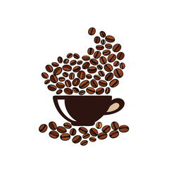 A stylized representation of a coffee cup with coffee beans vector icon on white background, Cup of coffee with beans Illustration