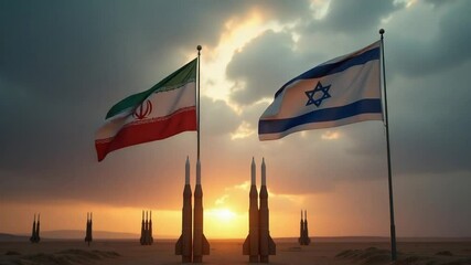 Iran and Israel Flags with Missile Launchers at Dusk - Powered by Adobe