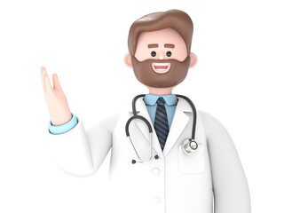 Fototapeta premium 3D illustration of Male Doctor Iverson pushing on an empty phone mockup.Transparent Background Mockup.Supports PNG files with transparent backgrounds.