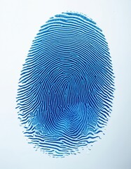 Blue fingerprint imprint on white background. Finger print detail with unique biometric identification, security concept. Identity authentication, forensic science, crime, investigation.