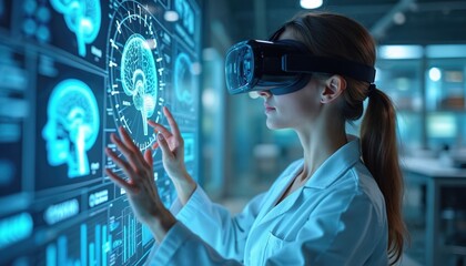 Scientist wearing VR headset explores brain scan data on digital screen. Virtual reality tech used for medical research analysis and engineering work. Modern digital tech, innovation, future.