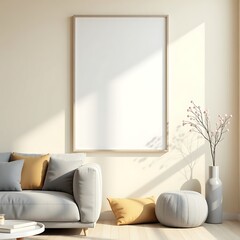 Modern Living Room Frame Mockup – ISO A Paper Size Poster on Wall, Interior Scene with Home Background, 3D Render for Art & Print Display