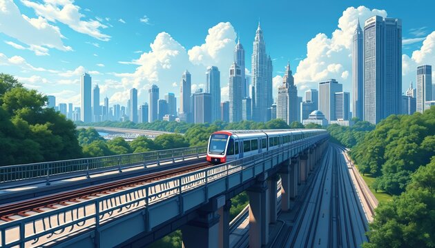 MRT train travels above Kuala Lumpur cityscape. Modern rapid transit, public transportation. Metro, subway train on elevated rail. Urban infrastructure, transport system. Travel, commute to work,
