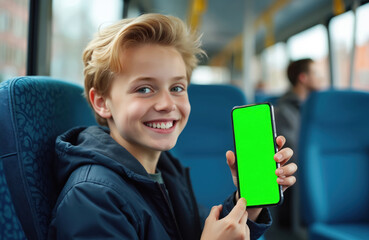 Happy teen boy demonstrates smartphone with green screen on city transport. Joyful kid shows new application, mobile game mockup. Concept of modern tech, education and entertainment in travel.