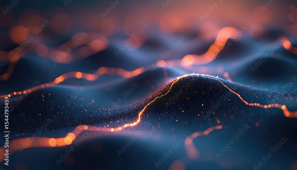Poster abstract illustration of machine learning pathways visualized. dynamic lines with glowing nodes crea