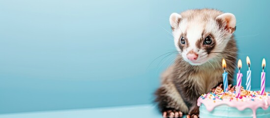 Adorable ferret celebrating birthday with colorful cake and candles, showcasing a joyful moment in pet festivities, cute funny pets concept