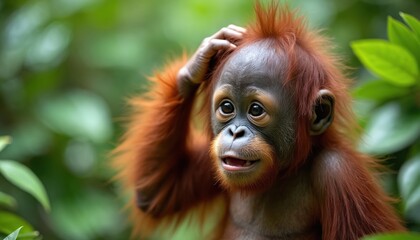Adorable baby orangutan scratching head, surrounded rich green foliage. Curious primate looking at camera, playful, expressive. Wildlife portrait in natural environment, rainforest.