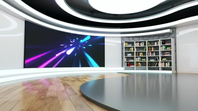 Modern Virtual Studio featuring a dynamic curved LED screen displaying abstract neon lights and a functional bookshelf, optimized for broadcast and educational programs.