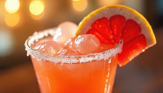 Delicious margarita cocktail with grapefruit slice. National Margarita Day celebration in February. Alcohol beverage with ice, fresh fruit, citrus. Drinks bar restaurant party.