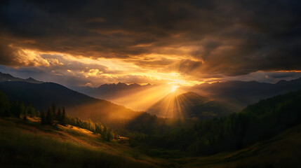 Fototapeta premium A scenic view of a mountain sunset with golden rays piercing through dark clouds over a valley.
