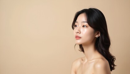 Fototapeta premium Attractive Asian woman looks aside against studio gray background. Young lady with natural beauty, clean skin, makeup. Sensual face of female model. Copy space for ad text, banner.