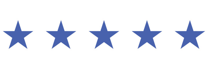 A set of blue star shape isolated on white background. 5 blue star for review isolated. 