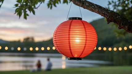 Red and yellow balloons and red and white paper lanterns decorate the blue sky, celebrating a festive Asian holiday