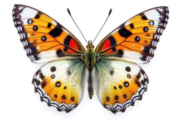 Fototapeta premium Graceful butterfly spreading vibrant wings in a moment of pure nature on white in white background. Generative Ai