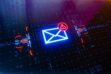 Message with warning icon on a digital LCD display with reflection. Concept of cyber attack, malware, data breach, system hacking, virus, spyware, compromised information and urgent attention.
