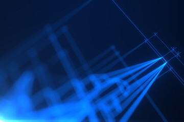 Abstract blueprint-style digital background with glowing blue lines, geometric shapes, and grid elements. Concept of technology, architecture, and engineering innovation.