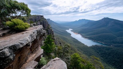 Scenic cliff view over lake and forest valley
