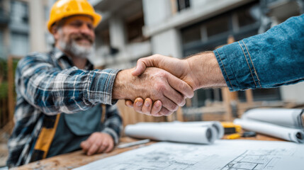 Construction worker wea a hard hat shakes hands with a client over blueprints at a construction site after successful agreement and future project planning.