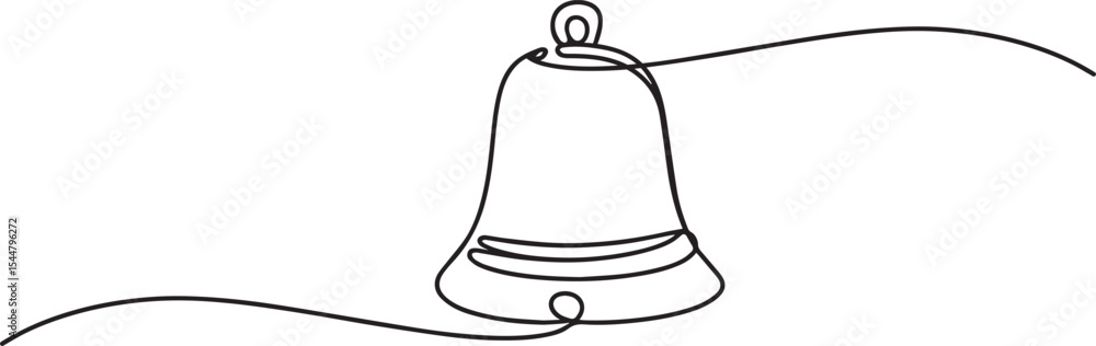Poster continuous single line drawing of a decorative bell with handle and curved shadow line
